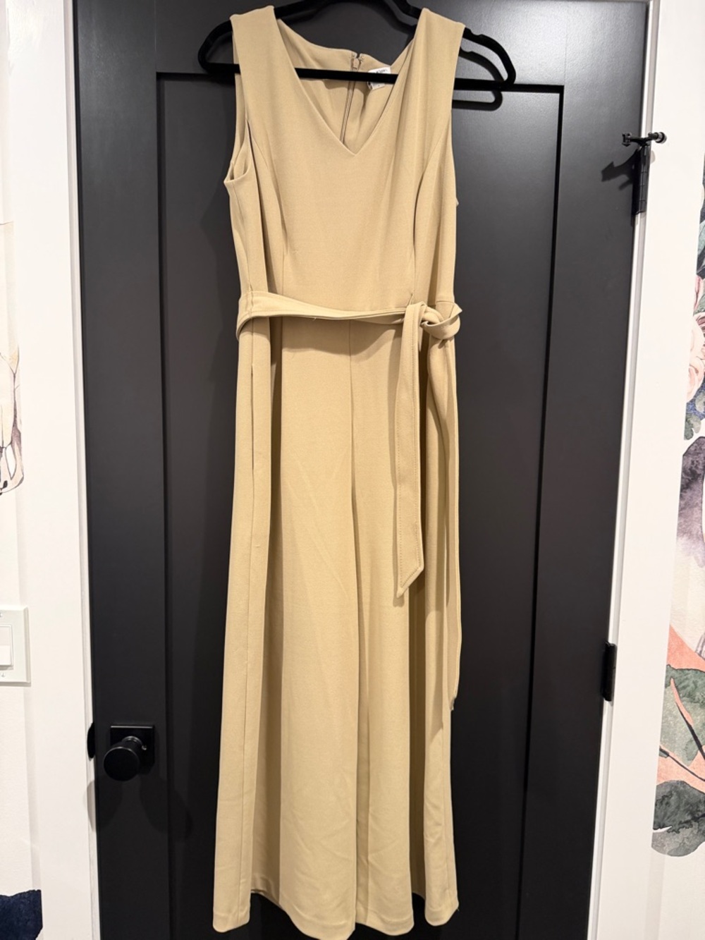 Calvin Klein Sleeveless V-Neck Tie-Waist Jumpsuit in Beige